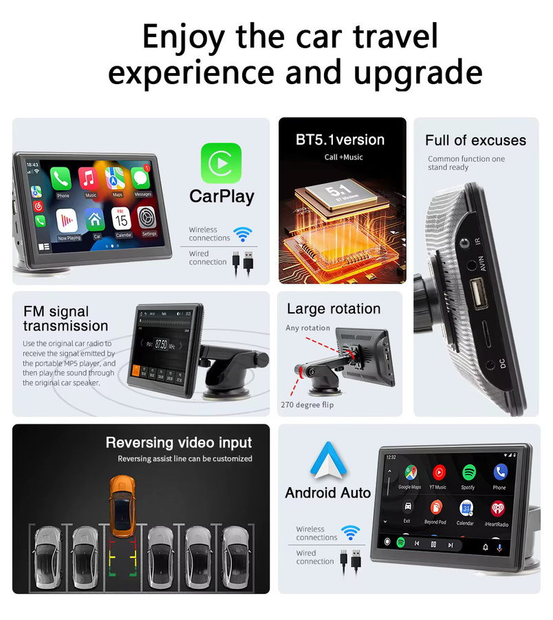 BQCC 7-Zoll Auto Kabelloses CarPlay Autoradio mit WiFi, GPS, Bluetooth und HD Multimedia Touchscreen in Schwarz - Bild 2