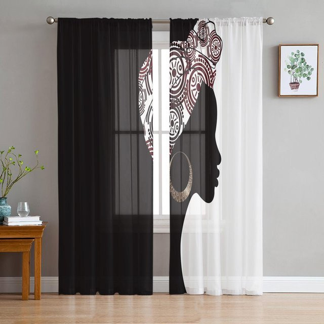 Yiran Furniture Transparenter Tüllvorhang Ethnic Black mit Ösen, Breite: 135 cm, Höhe: 115 cm - Bild 1