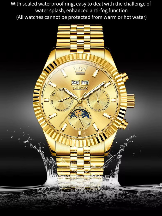 OLEVS Armbanduhr Automatik, Mondphase, Doppelkalender, Gold, Edelstahl, Herren - Bild 7
