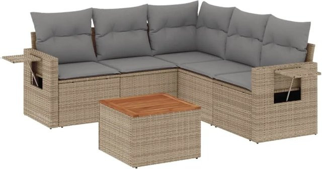 vidaXL 6-tlg Garten-Sofagarnitur in L-Form aus beigem Poly-Rattan mit Kissen und pulverbeschichtetem Stahlgestell - Bild 1
