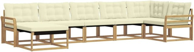 vidaXL Outdoor-Sofagarnitur 7-tlg. in L-Form mit Kissen, Weiß und Beige, Akazienholz und Textilene - Bild 1