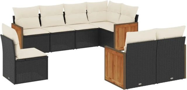 vidaXL 8-teilige Garten-Sofagarnitur in U-Form aus Poly-Rattan mit Kissen in Schwarz und Cremeweiß - Bild 1