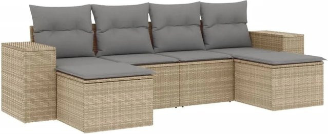 vidaXL 6-teilige Garten-Sofagarnitur in L-Form mit Kissen, Beige, Poly Rattan und Metallgestell - Bild 1