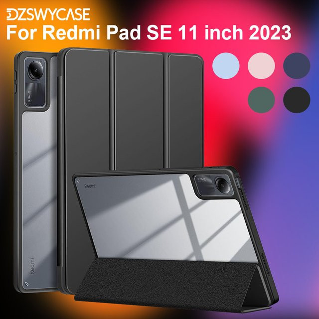 DZSWYCASE Schutzhülle für Xiaomi Redmi Pad SE 11 Zoll 2023 mit Stifthalter und dreifach faltbarem Ständer, transparente PC-Rückseite, Farbe: Pink/Schwarz/Transparent - Bild 1