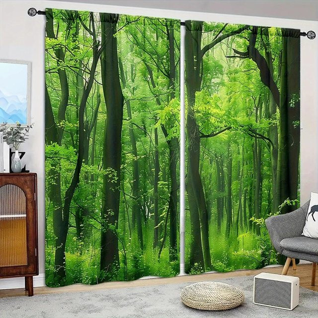2er-Set halbtransparente Vorhänge mit Waldmuster von Household supplies MH, moderne Fensterbehandlung mit Stangentaschen, Breite: 52,5 cm, Höhe: 116 cm - Bild 1