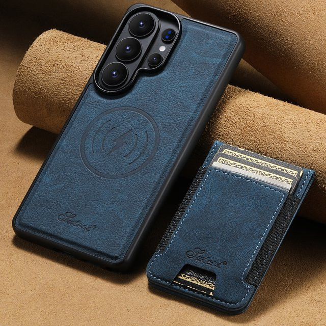 SUTENI Luxuriöse Kunstleder-Handyhülle mit magnetischer kabelloser Ladekartenhalterung für Samsung Galaxy S26 Ultra, S25 Plus, S24 und S23+ in Beige oder Blau - Bild 1