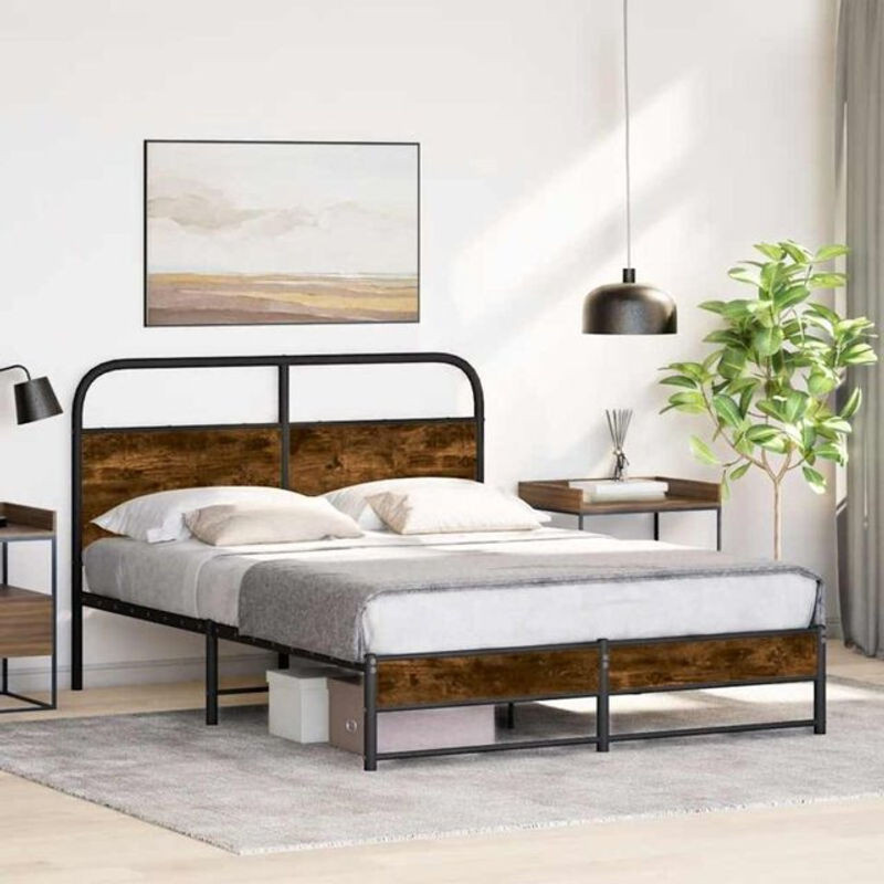 Bettgestell aus Holzwerkstoff und Metall im Industrial Design von vidaxl, Braun, B/T: 135 x 190 cm - Bild 1