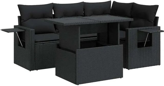 vidaXL 5-teilige Garten-Sofagarnitur in L-Form aus schwarzem Poly-Rattan mit wetterfesten Kissen und pulverbeschichtetem Stahlgestell - Bild 1