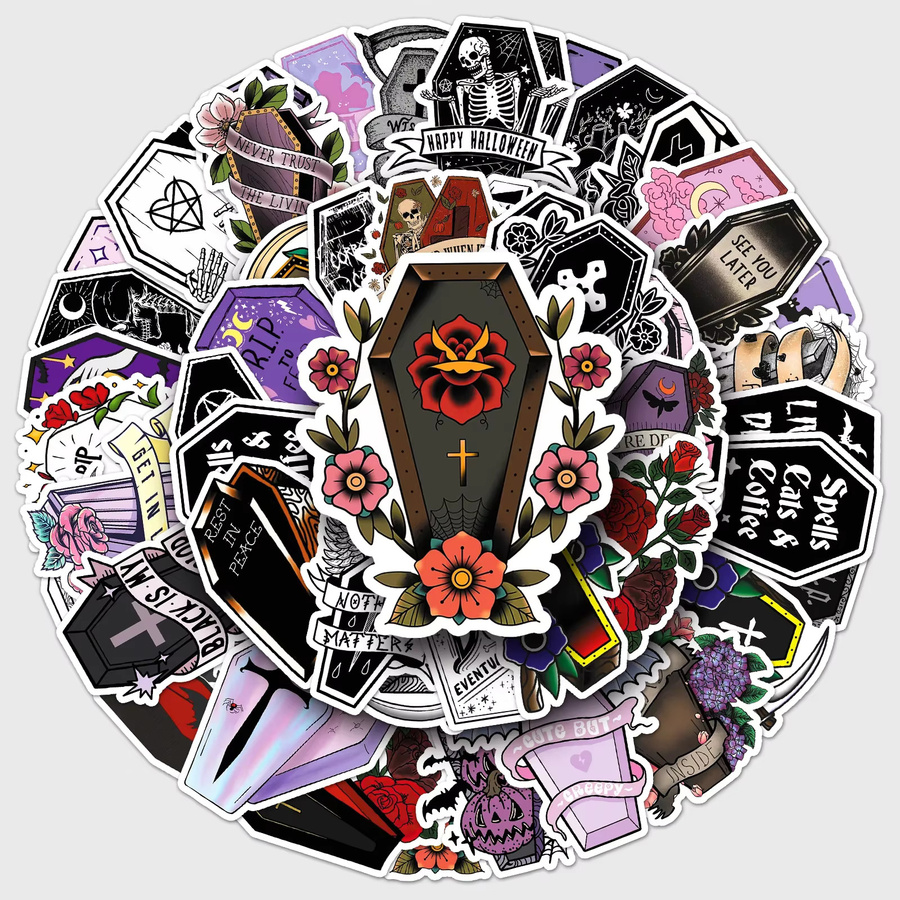 50 Stück GOGOTU Gothic Halloween Aufkleber im Vampir-Sarg-Stil, wasserfeste PVC Sticker für Skateboard, Notebook und DIY-Dekoration, Mehrfarbig - Bild 3