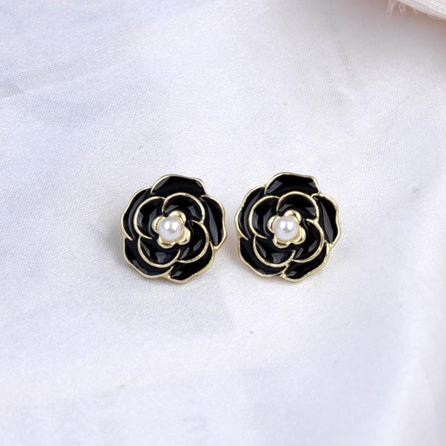 YIRAN Jewelry Ohrstecker, Blumen, Schwarz-Weiß-Emaille, Öl-Imitationsperle, Damen - Bild 1
