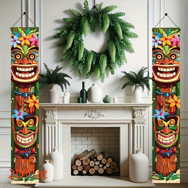 VIKAMA Tiki-Totem-Druck, dekorative Türpaare für den Außenbereich und die Veranda in Mehrfarbig, B/H: 180 x 30 cm - Bild 1