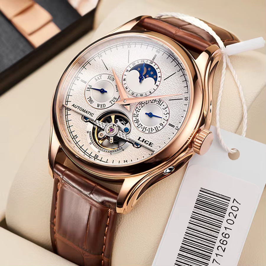 Lige Armbanduhr Automatik, Leder, Herren, Weiß, Roségold - Bild 6