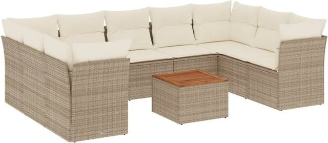 vidaXL 10-teilige Garten-Sofagarnitur in U-Form aus Polyrattan und Akazienholz mit Kissen in Beige - Bild 1