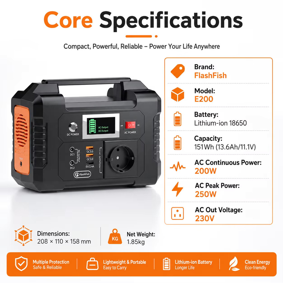 FlashFish E200 Tragbares Kraftwerk, 200 W Solargenerator mit 151 Wh Batterie in Schwarz für Outdoor, Camping und mobile Stromversorgung - Bild 2