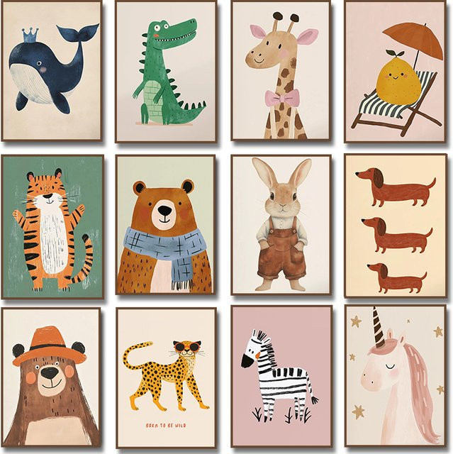 Potdemiel Tierillustration Leinwand Wandkunst mit Einhorn, Bär, Tiger, Dackel, Hund und Giraffe für das Kinderzimmer - Bild 1
