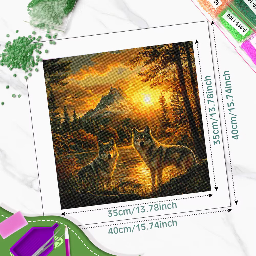 Huacan Diamant-Malerei Wolf bei Sonnenuntergang als Tier-Landschaftskunst in Mehrfarbig, B/H: 20 x 20 cm - Bild 2