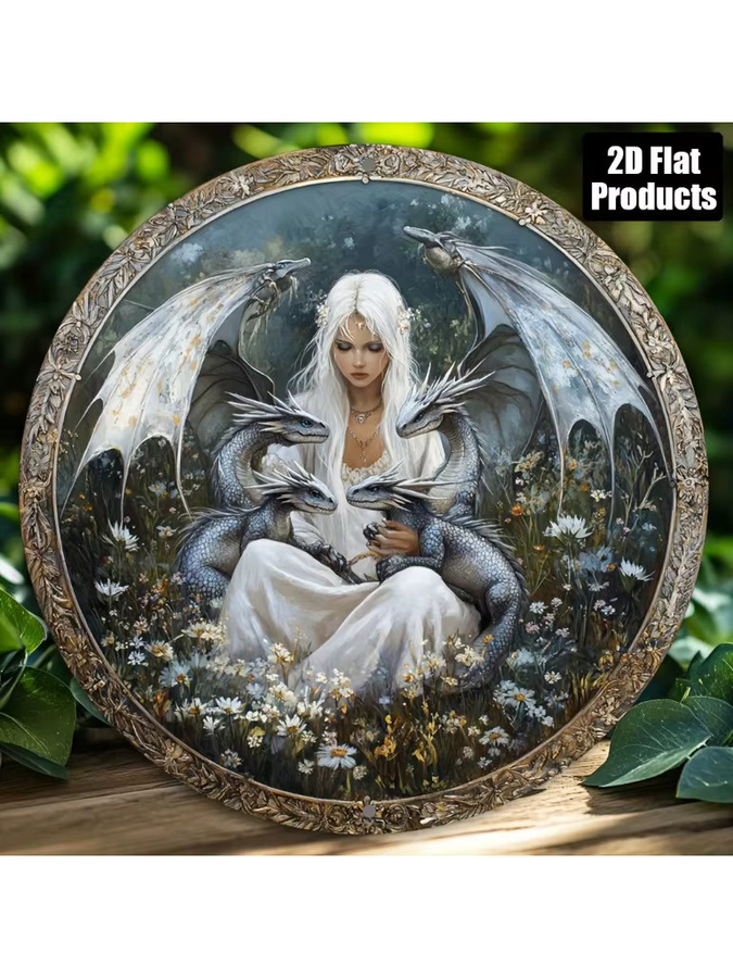 Potdemiel Vintage-Wandkunst aus Metall mit Drachenmädchen-Design, rundes Aluminiumschild in Multicolour, Durchmesser: 20,3 cm - Bild 5