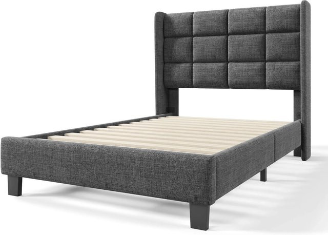 KOMHTOM Gepolstertes Einzelbett mit Kopfteil und Lattenrost in Grau mit Leinenbezug B/T/H: 90 x 200 x 100 cm - Bild 1
