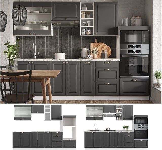 Vicco Küchenzeile Fame-Line Einbauküche im Landhausstil, Weiß Anthrazit Gold, Breite: 280 cm - Bild 1