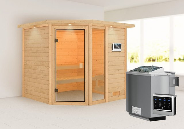 Karibu Massivholzsauna TAEA aus Fichte in Braun mit 9.0 kW BioKombiofen, Steuergerät und Dachkranz, B/T/H: 196 x 196 x 191 cm - Bild 1