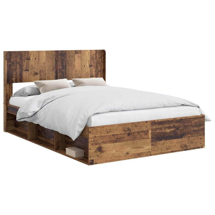vidaXL Bettgestell mit Kopfteil und Stauraum in Altholz-Optik, Farbe: Braun, B/T/H: 140 x 193 x 141,5 cm - Bild 2