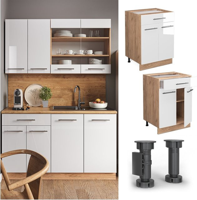 Vicco Küchenunterschrank Fame-Line in Weiß Hochglanz und Eiche mit Schublade und Drehtür, Breite: 60 cm - Bild 1
