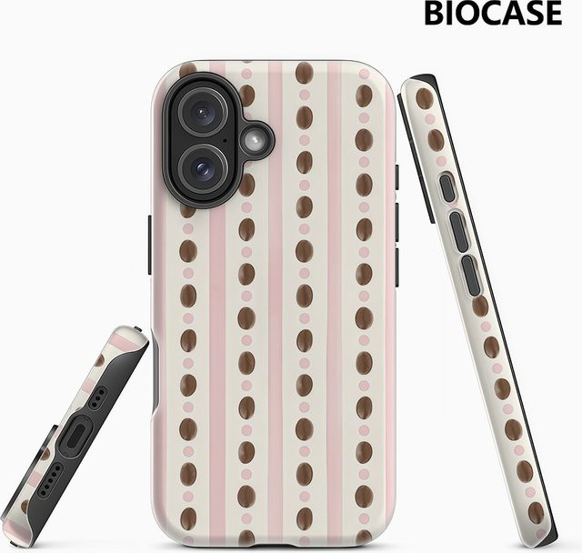 Handyhülle mit Kaffeebohnen-Design auf rosa-weißen Streifen für Apple iPhone 17 16 15 14 13 Pro Max Plus mit doppelschichtiger Rückseite in Pink und Weiß - Bild 1