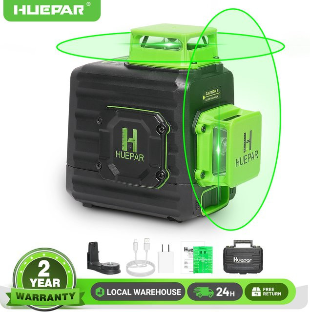 Huepar 2D Kreuzlinienlaser mit 8 Linien und grünem Strahl, selbstnivellierend, inklusive Li-Ionen-Akku und Hartschalenkoffer - Bild 1