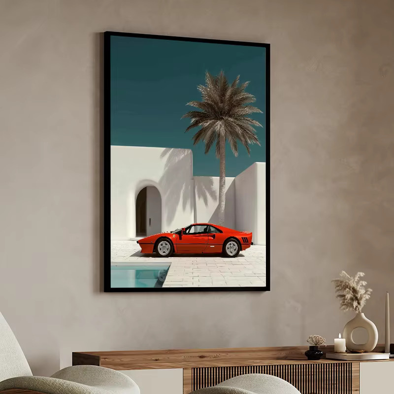 Potdemiel Leinwanddruck Retro Luxus-Sportwagen Küstenstraße Villa Palm Springs Wandkunst Mehrfarbig - Bild 2