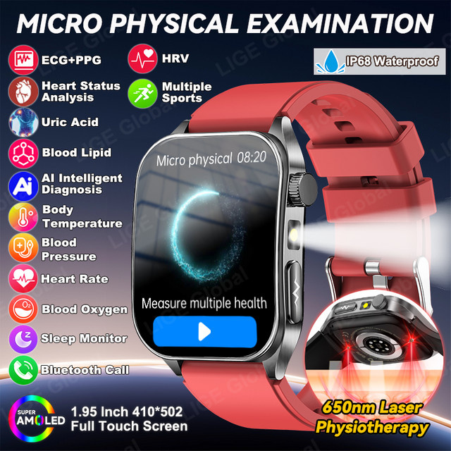 LIGE Smartwatch mit EKG und PPG Dual-Sonde Laser zur Messung von Blutdruck, Blutfett und Harnsäure in Schwarz - Bild 1