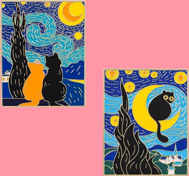 Van Gogh Sternennacht Emaille-Anstecknadel, Schwarze Katzen Brosche, Bunt, Unisex - Bild 1