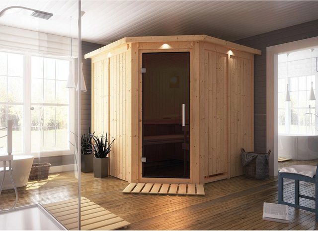 Karibu Sauna Jorma aus Fichte mit 9,0 kW Ofen, integrierter Steuerung, LED-Dachkranz und Ganzglastür in Graphit, B/T/H: 196 x 196 x 210 cm - Bild 2