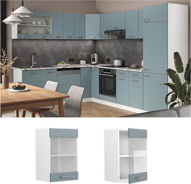 Vicco R-Line Glashängeschrank für die Küche mit Glastüren in Weiß, Blau und Grau, B/T/H: 40 x 31 x 60 cm - Bild 1