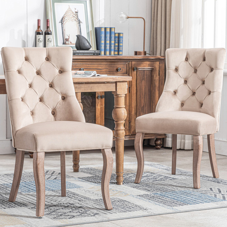 Aosom Esszimmerstühle 2er Set gepolstert in Beige mit Samtoptik und Holzbeinen, Höhe: 97 cm - Bild 2