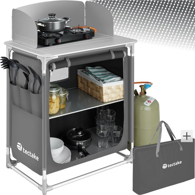 tectake Campingküche Premium Grau mit Aluminiumgestell und 2 Fächern, faltbar, B/T/H: 76 x 53,5 x 107 cm - Bild 1