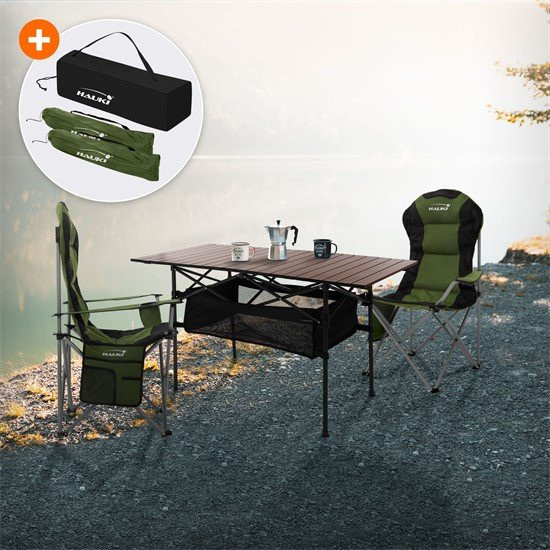HAUKI Camping Set 3-teilig mit Klapptisch in Braun und 2 Campingstühlen in Khaki - Bild 1