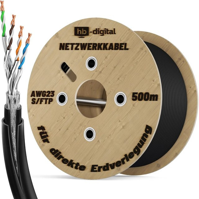 hb-digital CAT 7 Erdverlegekabel S/FTP Doppelmantel Ethernet LAN Kabel für Außenbereich, Schwarz, 500 m - Bild 1