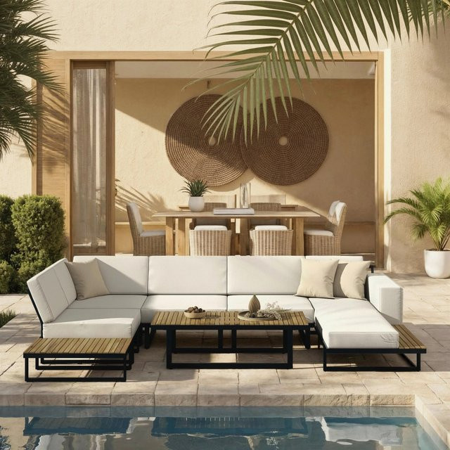 Bessagi Garden Loungegarnitur Marla L-Form in Creme mit Akazienholz und Metall für Garten, Terrasse oder Balkon - Bild 1