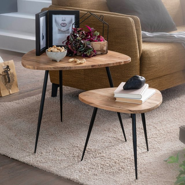 FineBuy Satztisch 2er Set aus Massivholz und Metall im Industrial Design, rund, Schwarz/Braun - Bild 1