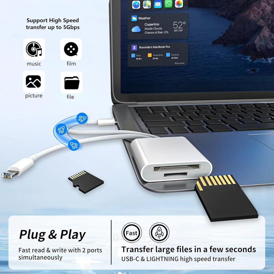 2-in-1 SD-Kartenleser für iPhone, iPad und Mac mit USB-C und Lightning Anschluss in Weiß - Bild 3