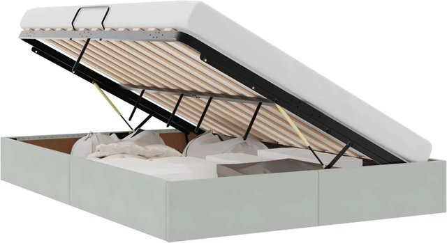 vidaXL Aufbewahrungsbett mit Kopfteil aus Samt und Metall in Hellgrau, B/T: 140 x 190 cm - Bild 1