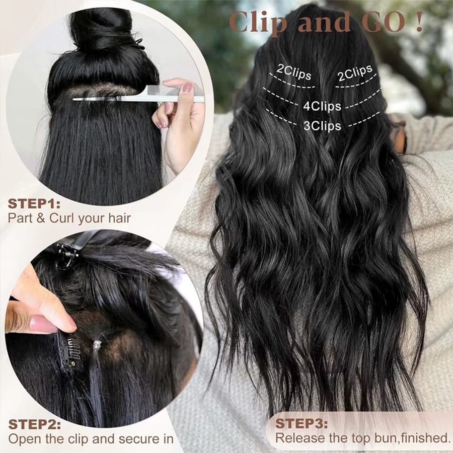 allaosify Clip-in-Haarverlängerungen, synthetisch, gewellt, 6 Stück/Set, Damen - Bild 2