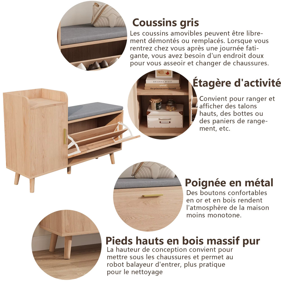 Anajqaqia Schuhaufbewahrungsbank im skandinavischen Design mit gepolstertem Sitz, Klappschuhschrank aus Holz für Flur und Schlafzimmer, Farbe: Naturholz/Braun/Grau, B/T/H: 100 x 30 x 69 cm - Bild 3