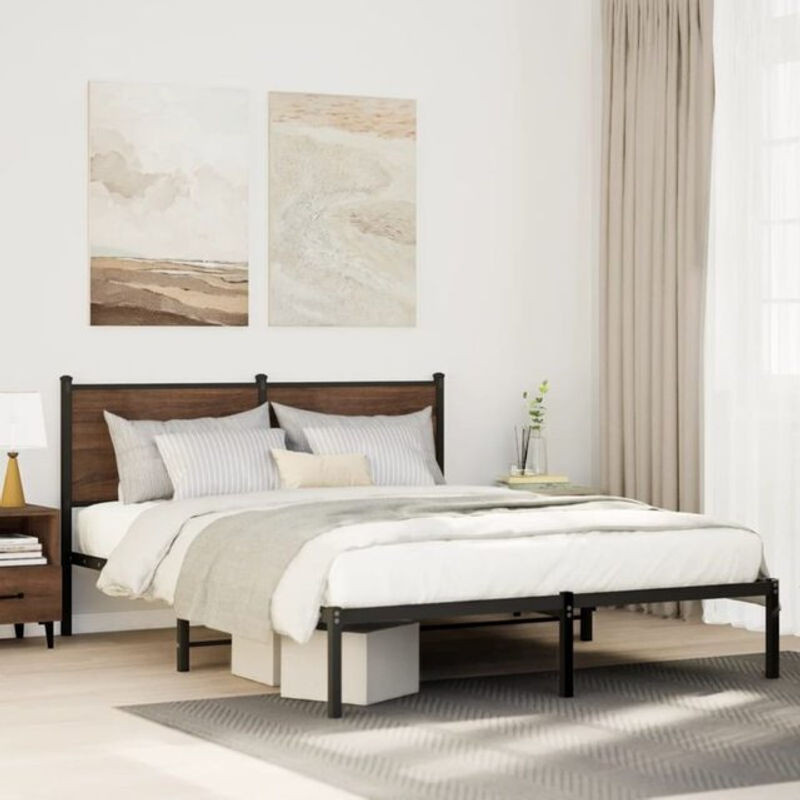 Metallbett Vidaxl im Industrial Design aus Metall und Holzwerkstoff, Farbe Braun, B/T/H: 140 x 190 x 91,5 cm - Bild 1