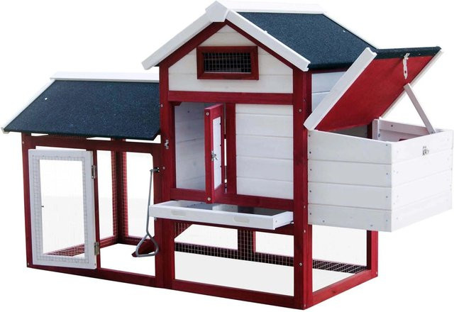 Wiltec Hühnerstall mit Freilauf aus Tannenholz, rot-weiß lackiert, B/T/H: 152 x 52 x 92 cm - Bild 1