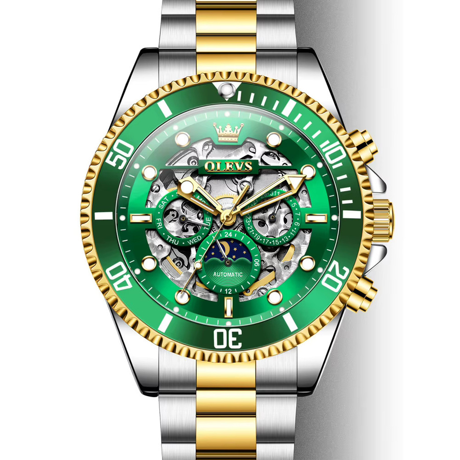 OLEVS Armbanduhr Automatik, Edelstahl, Gold, Mondphase, Herren - Bild 7