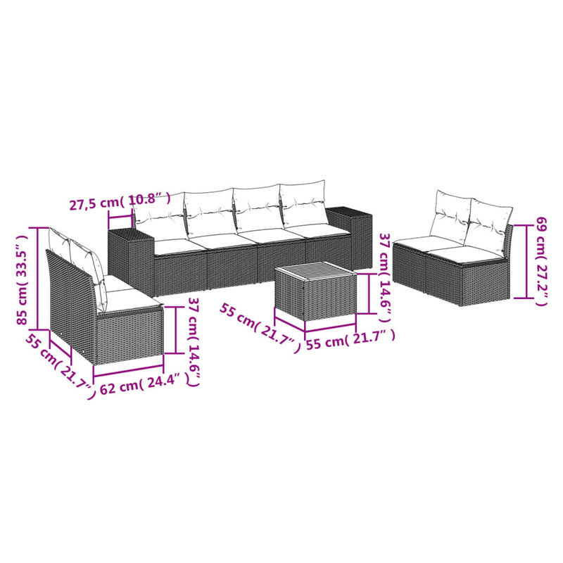 Vidaxl Gartenmöbel-Set aus Polyrattan mit Kissen, 9-teilig, Grau, Modernes Design - Bild 2