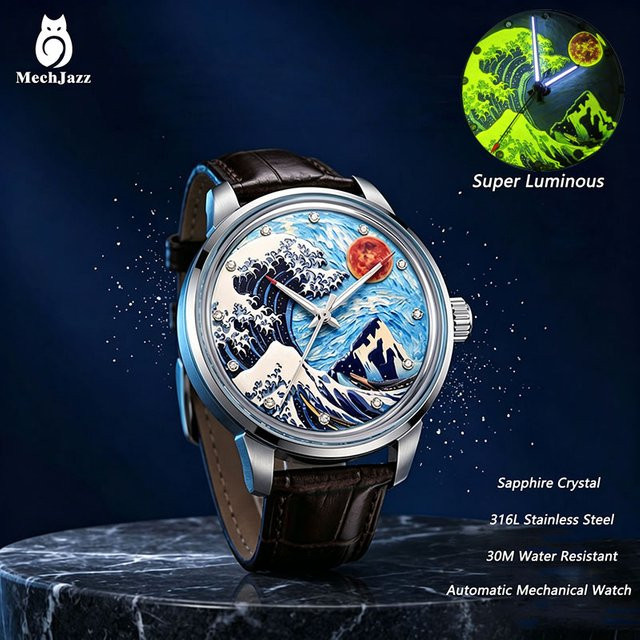 MechJazz Armbanduhr Automatik, Edelstahl, Leder, Blau, Herren - Bild 1