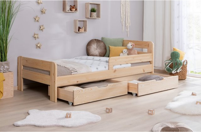 TiCAA Kinderbett Bennet aus Kiefer Massivholz mit Schubkasten und Rausfallschutz, Einzelbett für Kinderzimmer in Beige - Bild 1