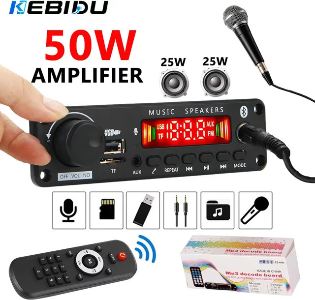KEBIDU 50W MP3-Dekodierungsboard mit DC 12V Verstärker, FM-Radio, USB und Mikrofon-Lautstärkeregler für dein DIY Auto-MP3-Player-Modul - Bild 1